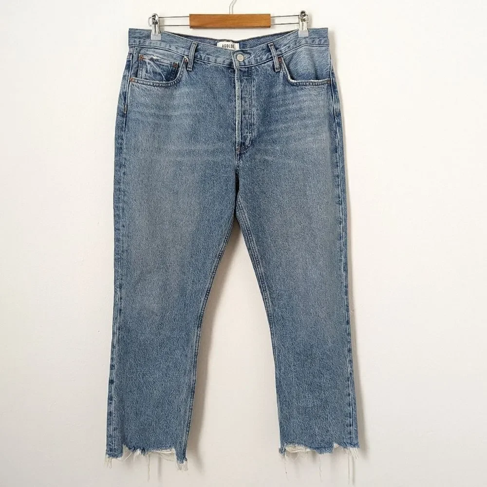 AGOLDE medium Haven wash indigo denim Riley high rise straight crop jeans
